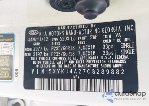 2012 Kia Sorento Ex V6 из США, поврежденный, VIN 5XYKU4A27CG289882